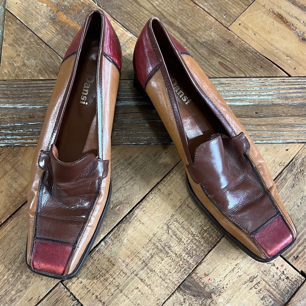 Dansi Block Heel Loafers Leather Color Block Square Toe Heel Spain Made Shoes 37